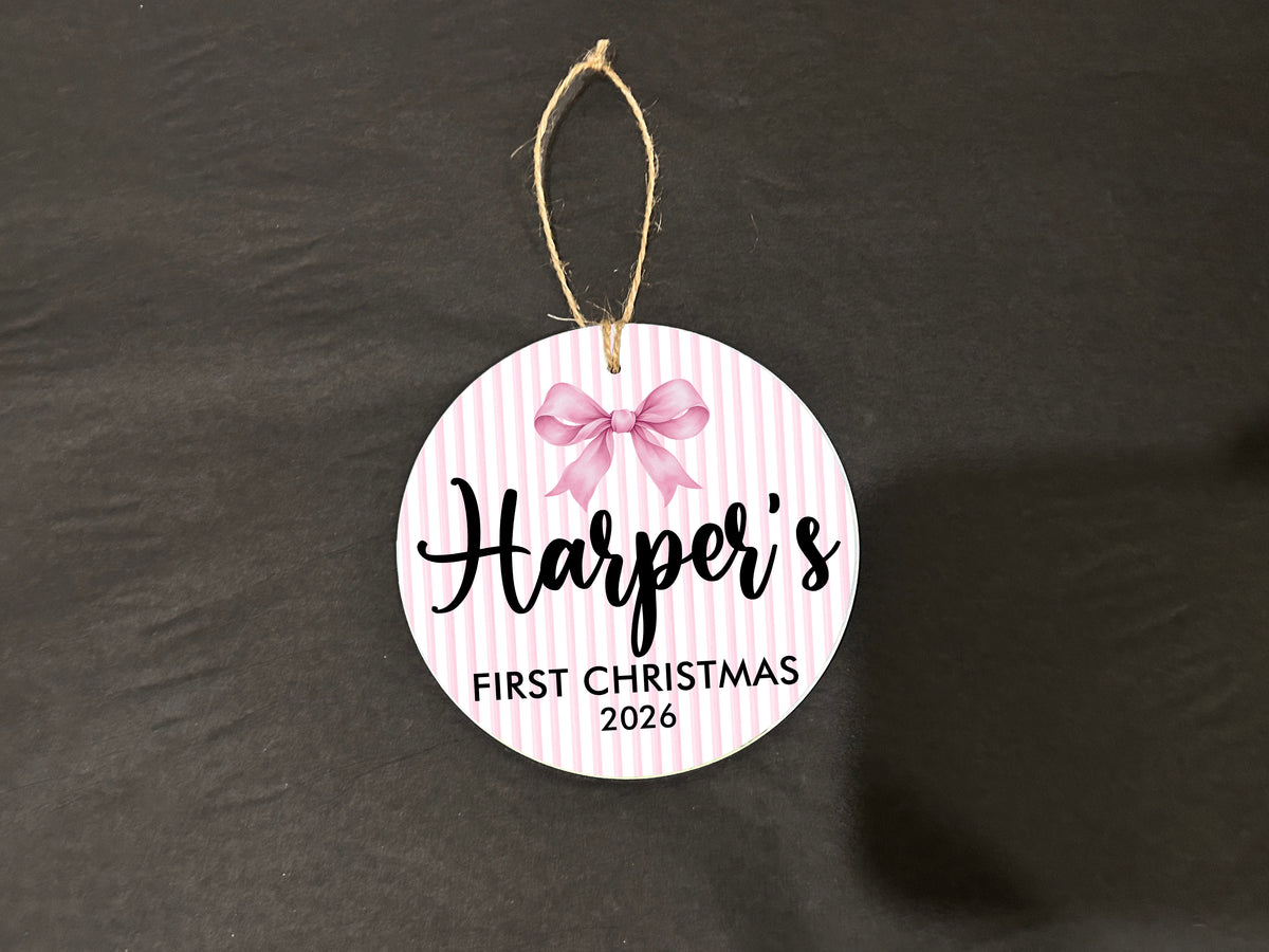 Personalized Baby’s First Christmas Ornament – Pink Bow