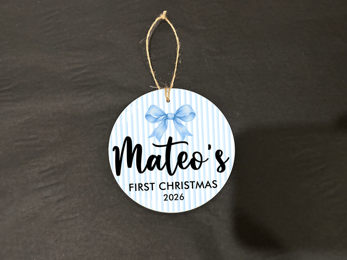 Personalized Baby’s First Christmas Ornament – Blue Bow