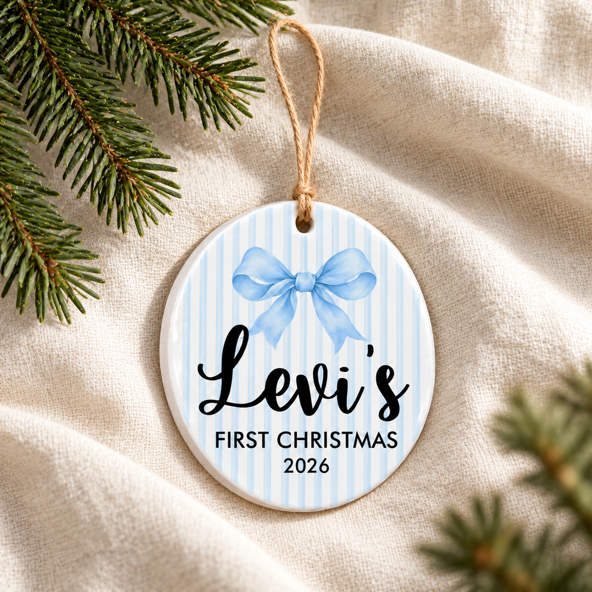 Personalized Baby’s First Christmas Ornament – Blue Bow
