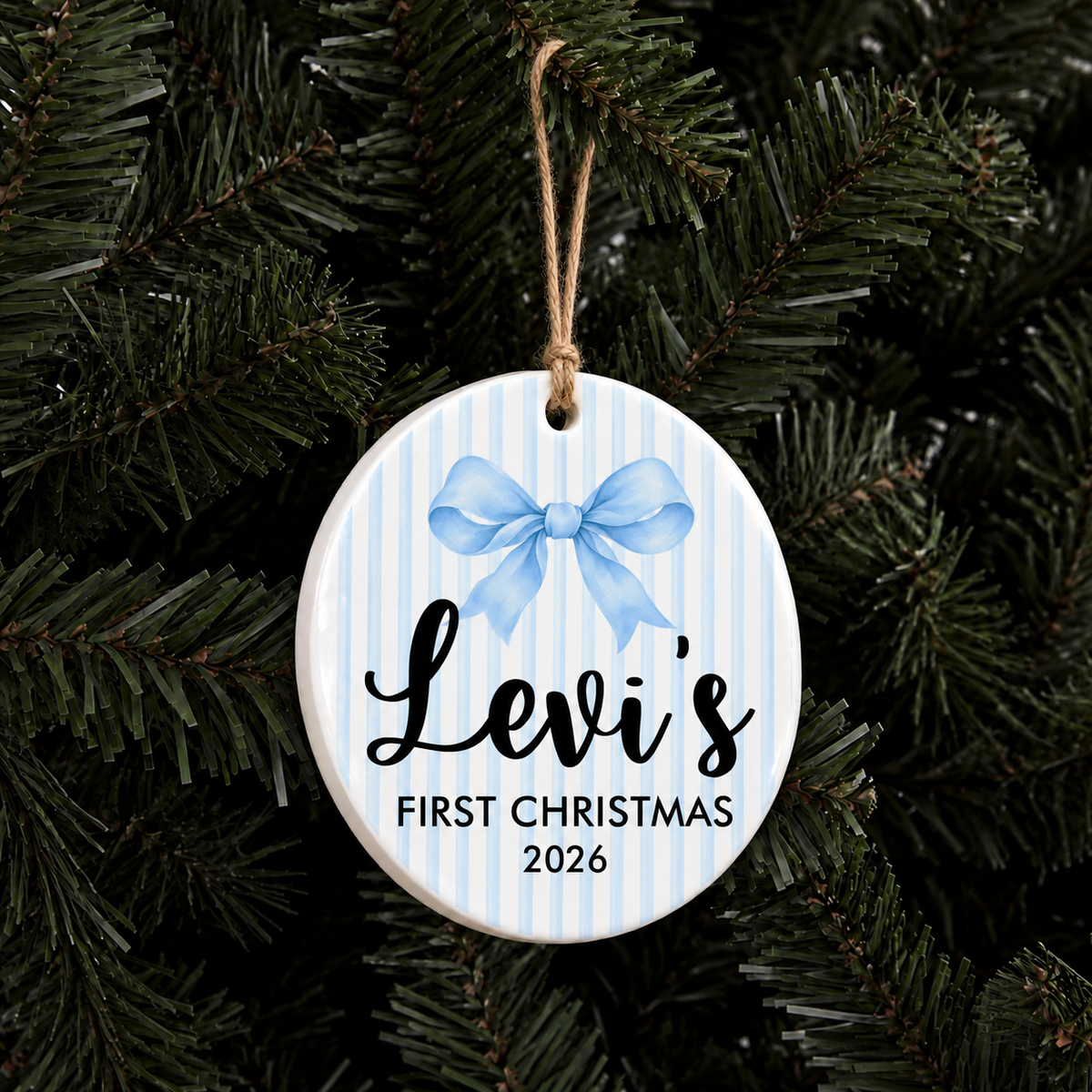 Personalized Baby’s First Christmas Ornament – Blue Bow