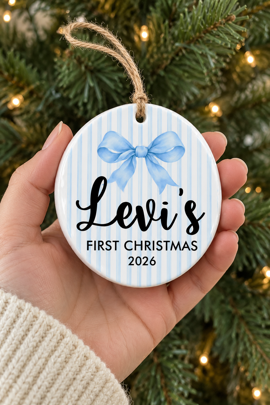 Personalized Baby’s First Christmas Ornament – Blue Bow
