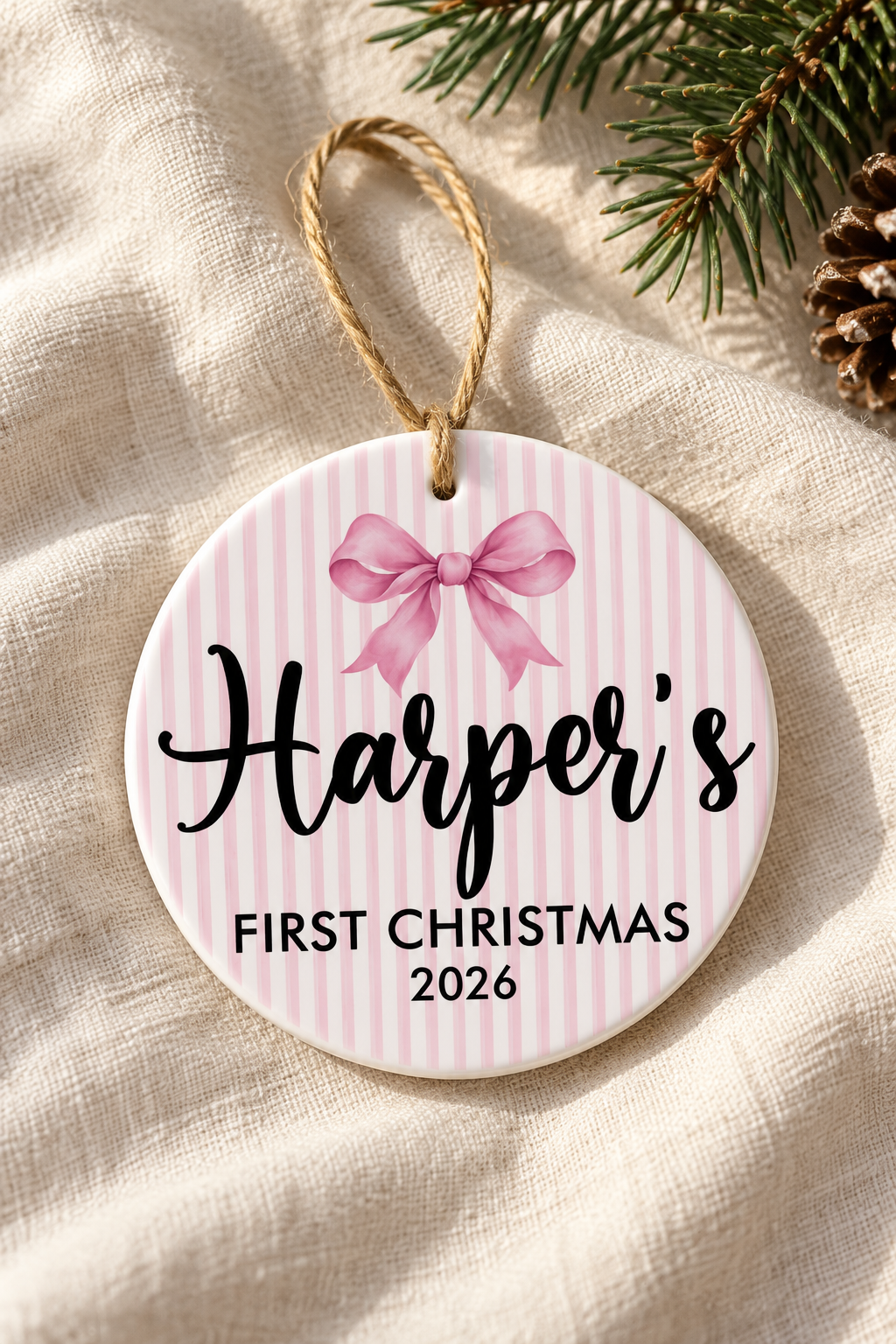 Personalized Baby’s First Christmas Ornament – Pink Bow