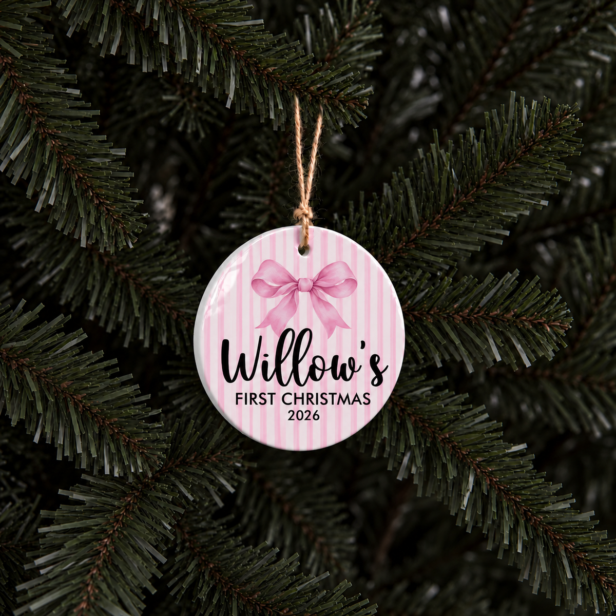 Personalized Baby’s First Christmas Ornament – Pink Bow