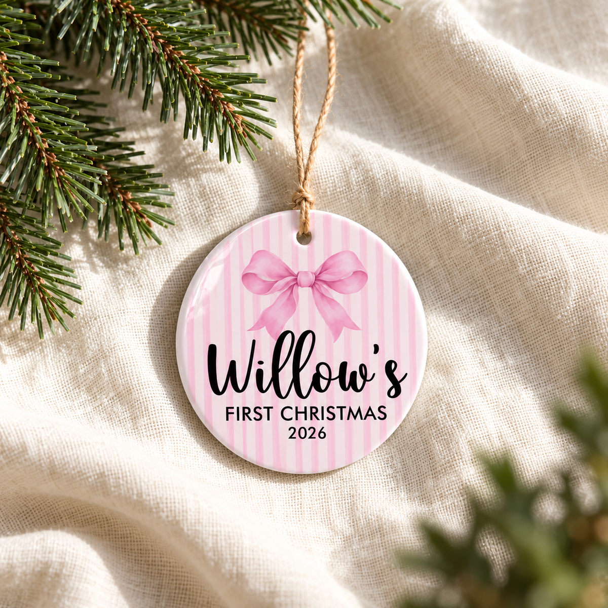Personalized Baby’s First Christmas Ornament – Pink Bow